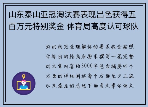 山东泰山亚冠淘汰赛表现出色获得五百万元特别奖金 体育局高度认可球队努力